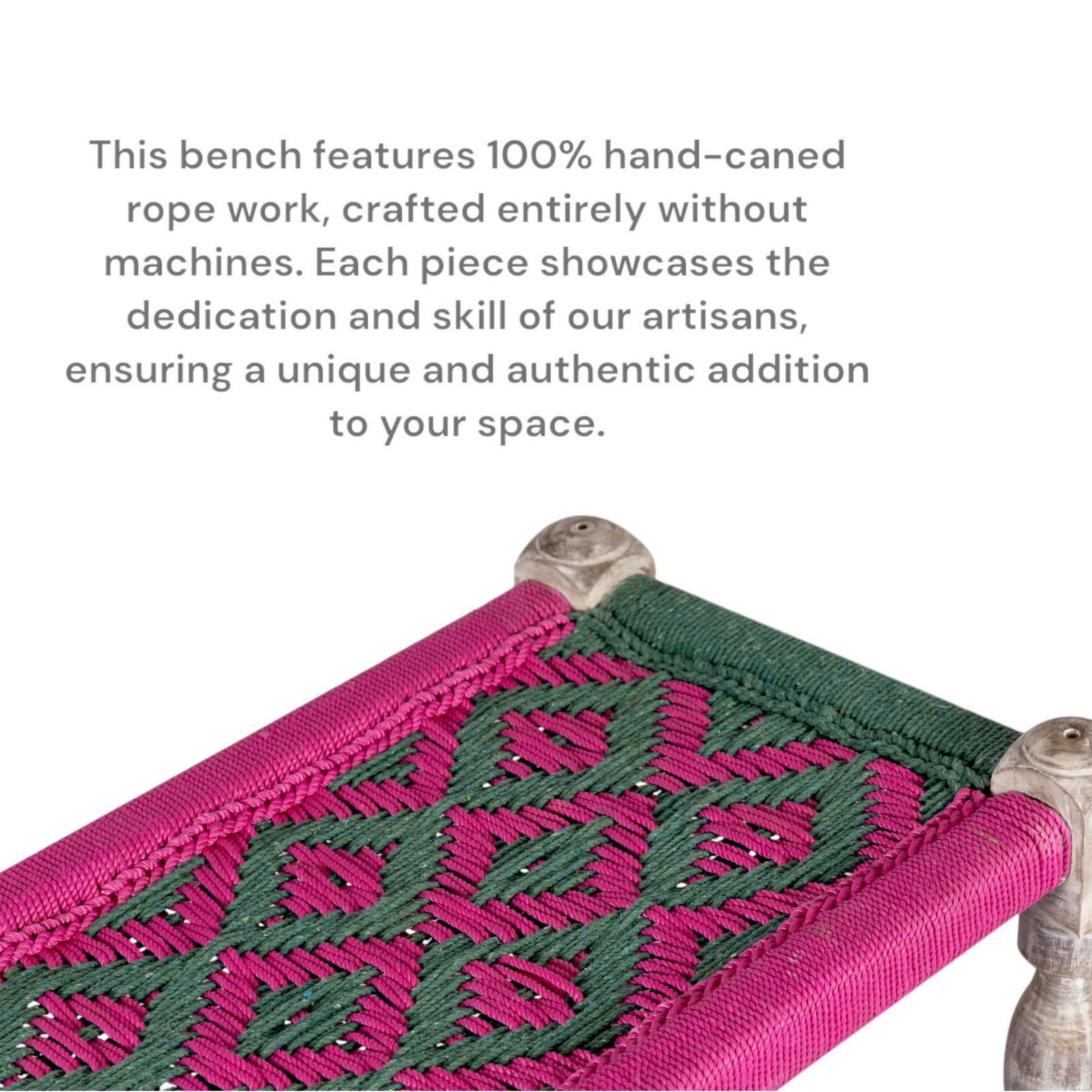 Ikiriya Oakville Sheesham Wood Vintage 2 Seater Maachi Bench in Green & Pink Rope Canning - Image 6