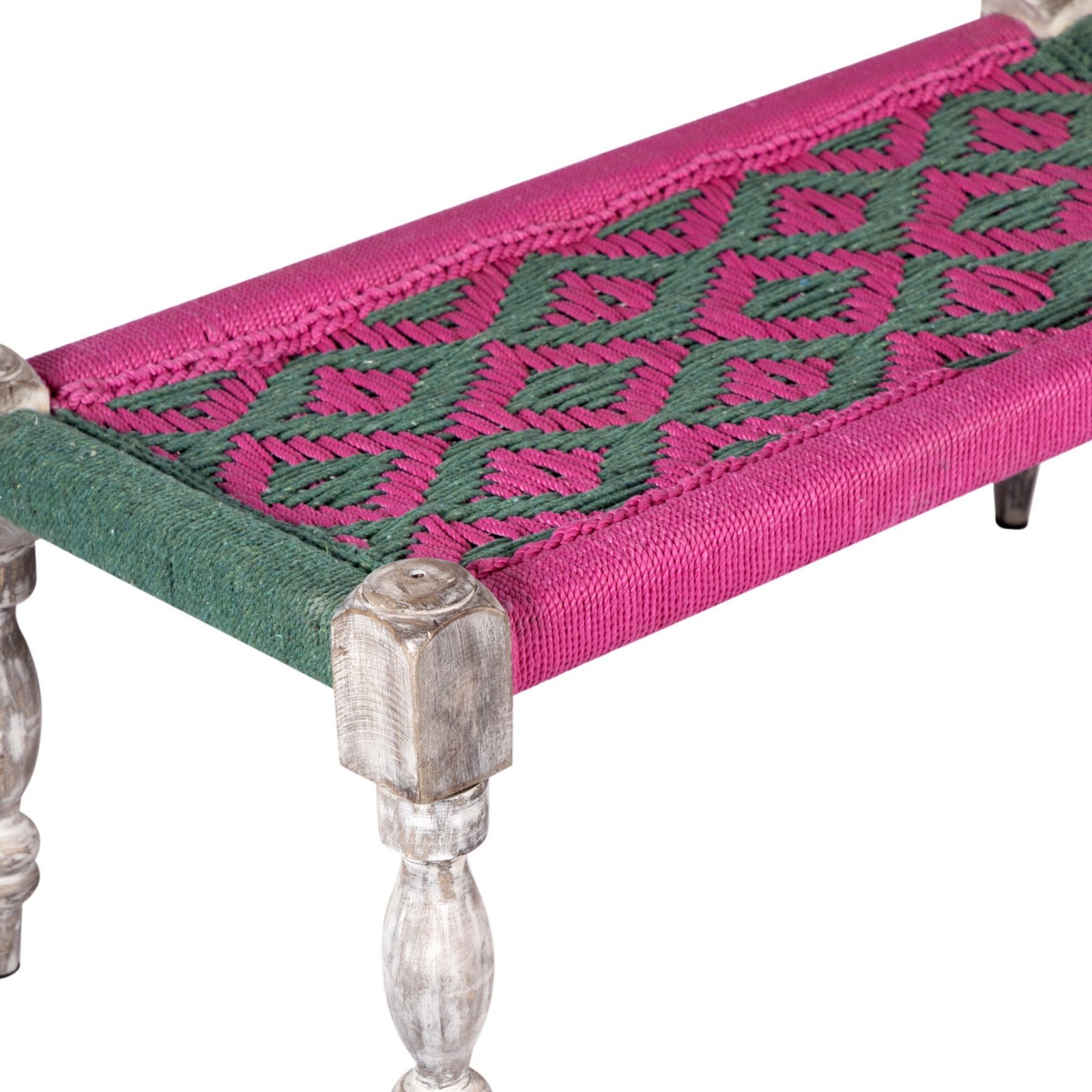 Ikiriya Oakville Sheesham Wood Vintage 2 Seater Maachi Bench in Green & Pink Rope Canning - Image 8