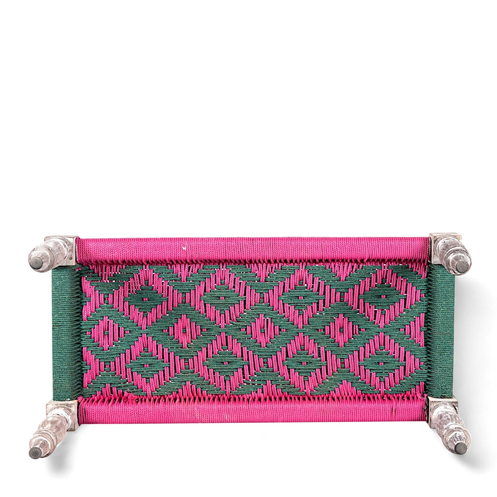Ikiriya Oakville Sheesham Wood Vintage 2 Seater Maachi Bench in Green & Pink Rope Canning - Image 9