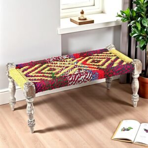 Ikiriya Oakville Sheesham Wood Vintage 2 Seater Maachi Bench in Multi Colour Chindi & Yellow Rope Canning