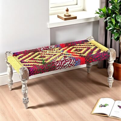 Ikiriya Oakville Sheesham Wood Vintage 2 Seater Maachi Bench in Multi Colour Chindi & Yellow Rope Canning