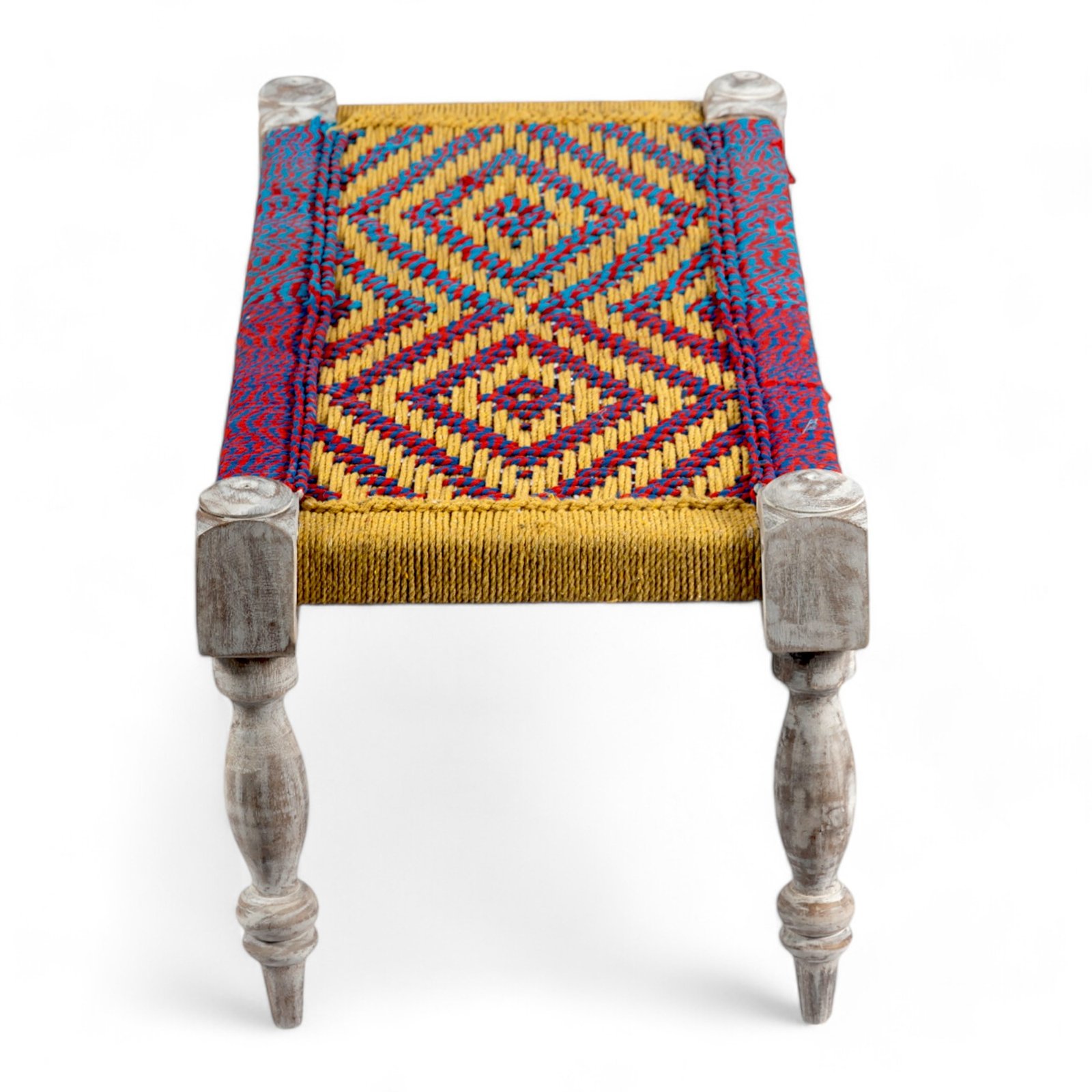 Ikiriya Oakville Sheesham Wood Vintage 3+1+1 Seater Maachi Bench Set with 2 Stools in Multi Colour Chindi & Yellow Rope Canning - Image 10