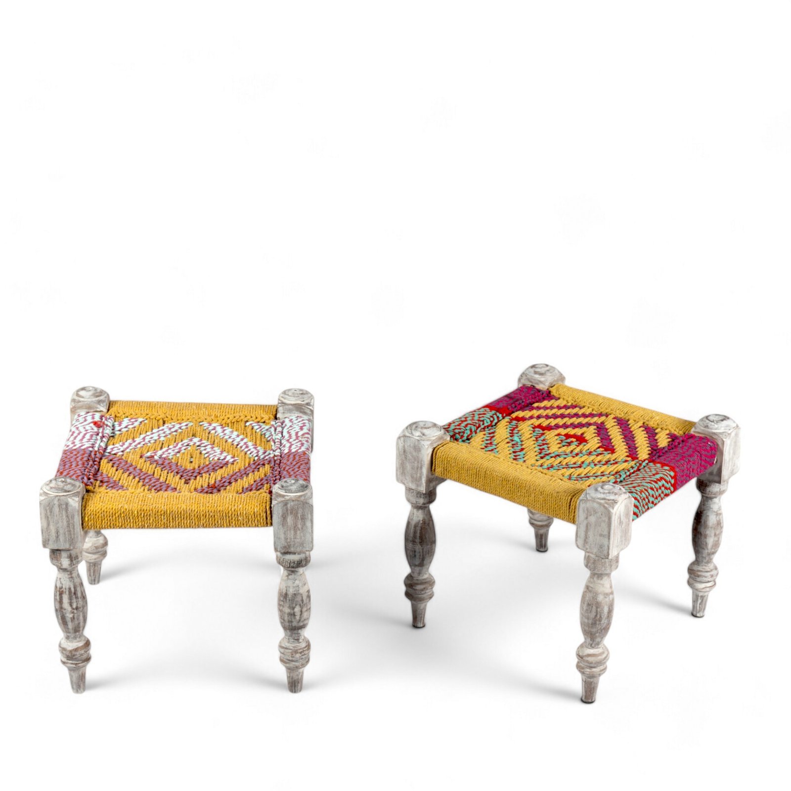 Ikiriya Oakville Sheesham Wood Vintage 3+1+1 Seater Maachi Bench Set with 2 Stools in Multi Colour Chindi & Yellow Rope Canning - Image 11