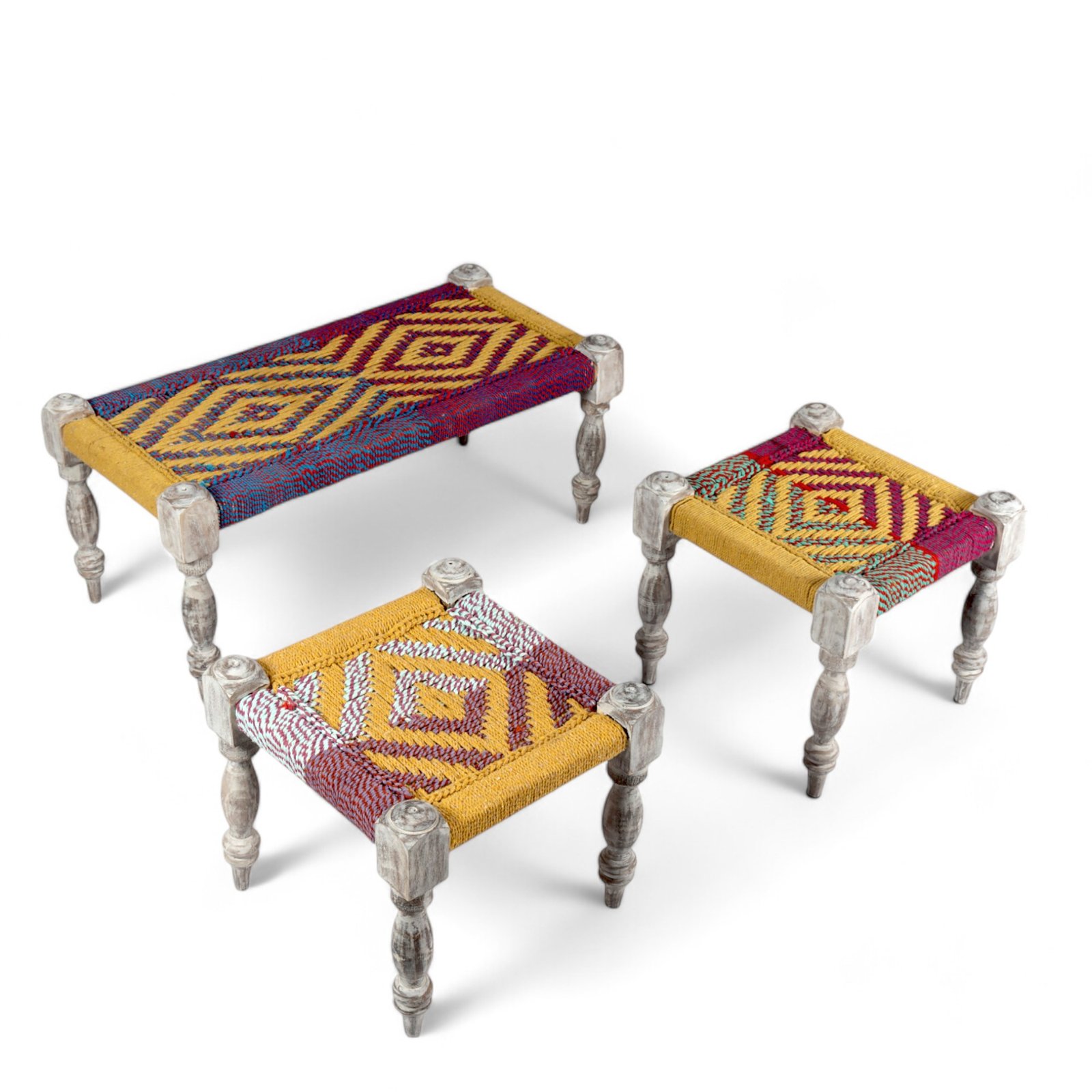 Ikiriya Oakville Sheesham Wood Vintage 3+1+1 Seater Maachi Bench Set with 2 Stools in Multi Colour Chindi & Yellow Rope Canning - Image 12