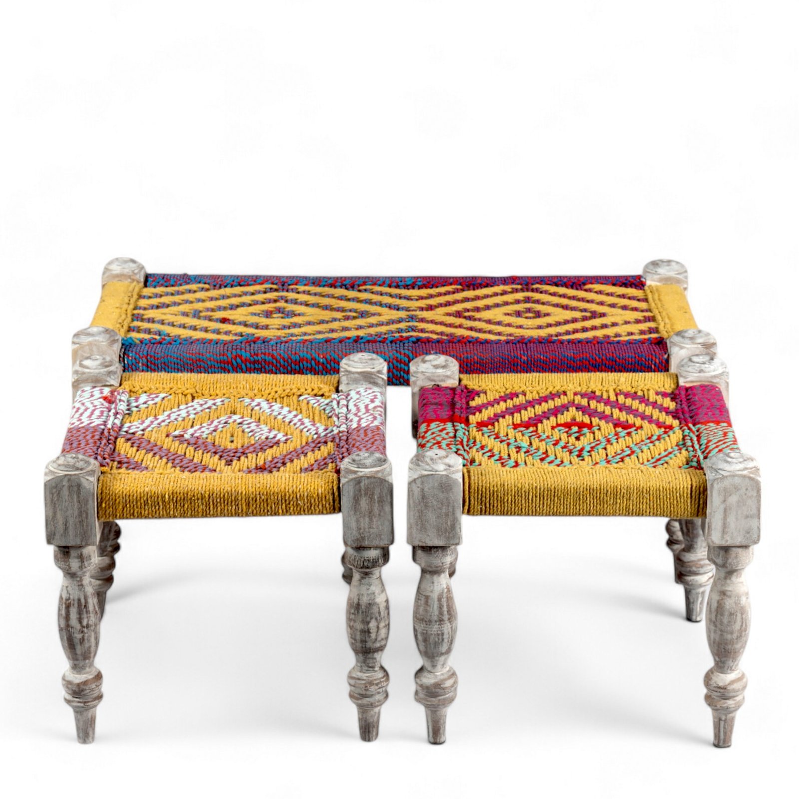 Ikiriya Oakville Sheesham Wood Vintage 3+1+1 Seater Maachi Bench Set with 2 Stools in Multi Colour Chindi & Yellow Rope Canning - Image 2