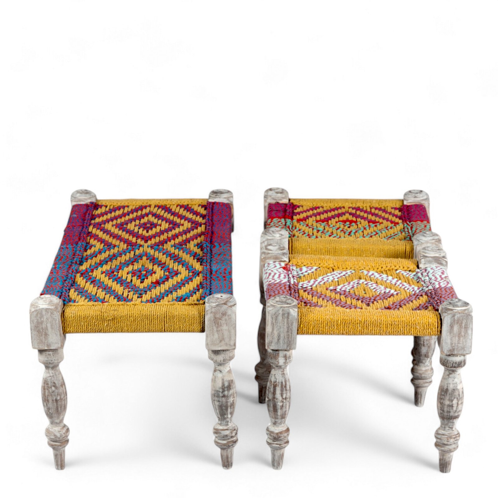 Ikiriya Oakville Sheesham Wood Vintage 3+1+1 Seater Maachi Bench Set with 2 Stools in Multi Colour Chindi & Yellow Rope Canning - Image 3