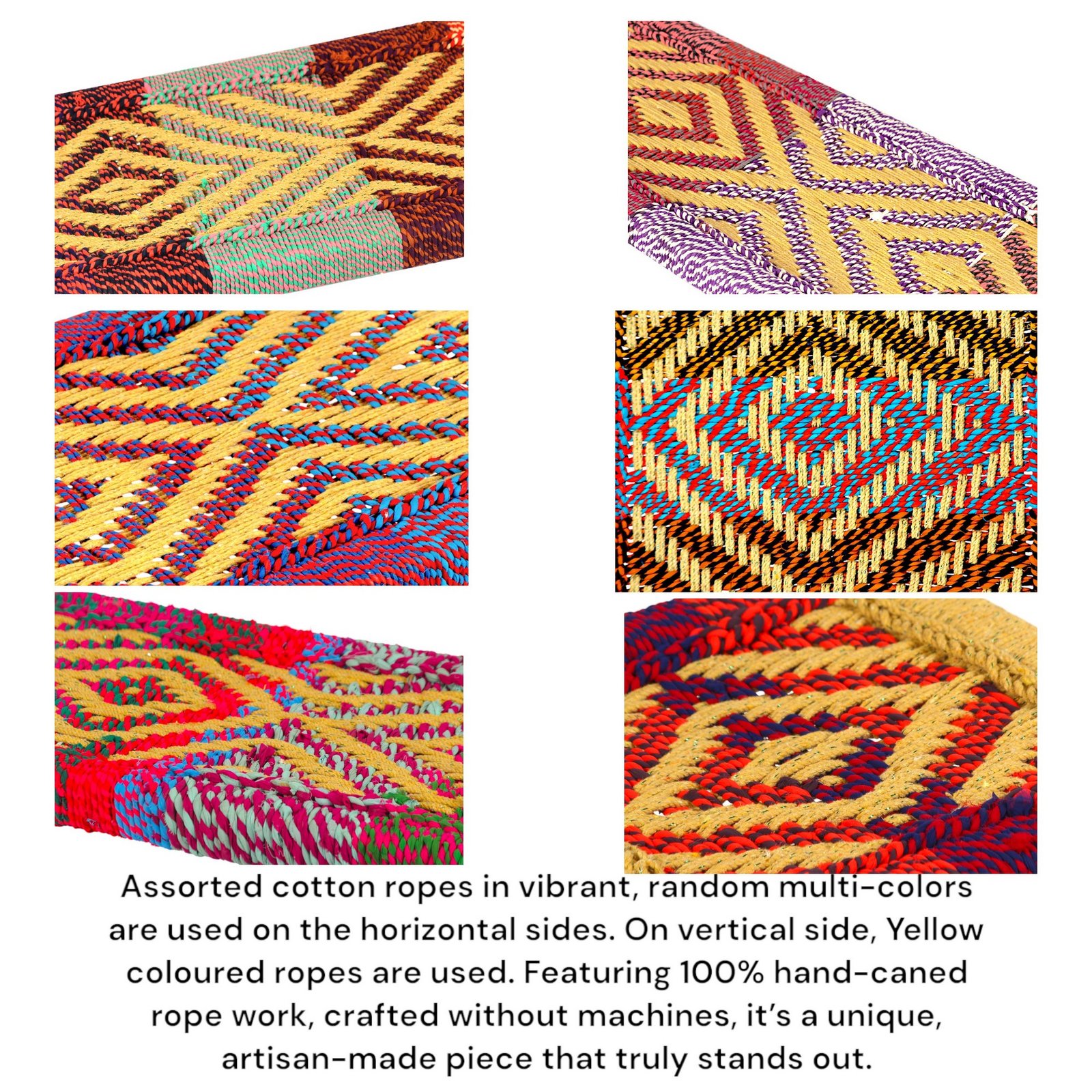 Ikiriya Oakville Sheesham Wood Vintage 3+1+1 Seater Maachi Bench Set with 2 Stools in Multi Colour Chindi & Yellow Rope Canning - Image 6