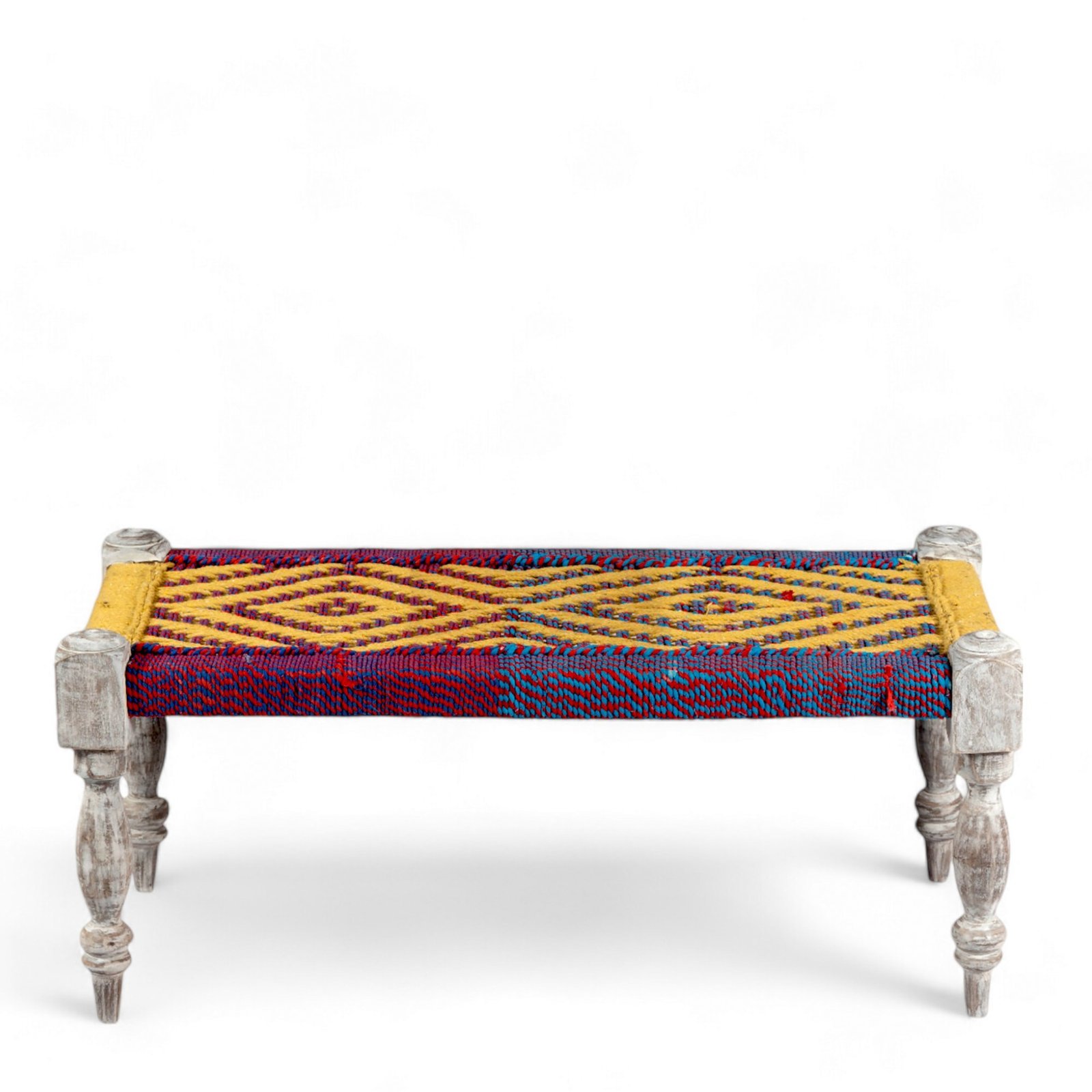 Ikiriya Oakville Sheesham Wood Vintage 3+1+1 Seater Maachi Bench Set with 2 Stools in Multi Colour Chindi & Yellow Rope Canning - Image 9