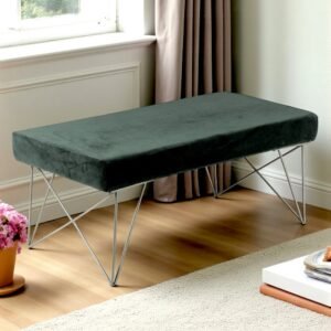 Ikiriya Zenith Sheesham Wood Accent 2 Seater Bench with Metal Legs in Dark Green Velvet
