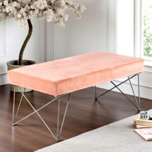 Ikiriya Zenith Sheesham Wood Accent 2 Seater Bench with Metal Legs in Peach Mosha Velvet