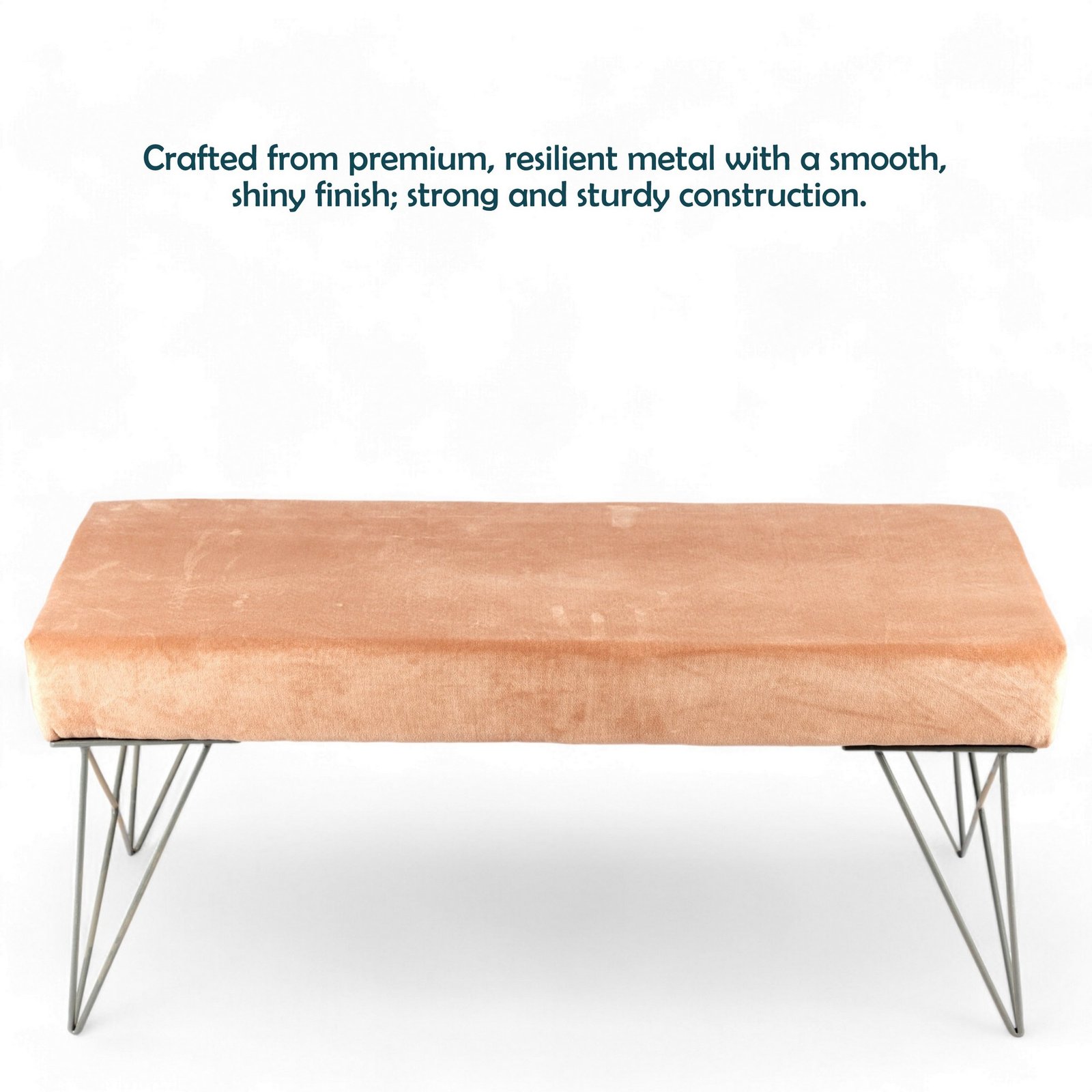 Ikiriya Zenith Sheesham Wood Accent 2 Seater Bench with Metal Legs in Peach Mosha Velvet - Image 2