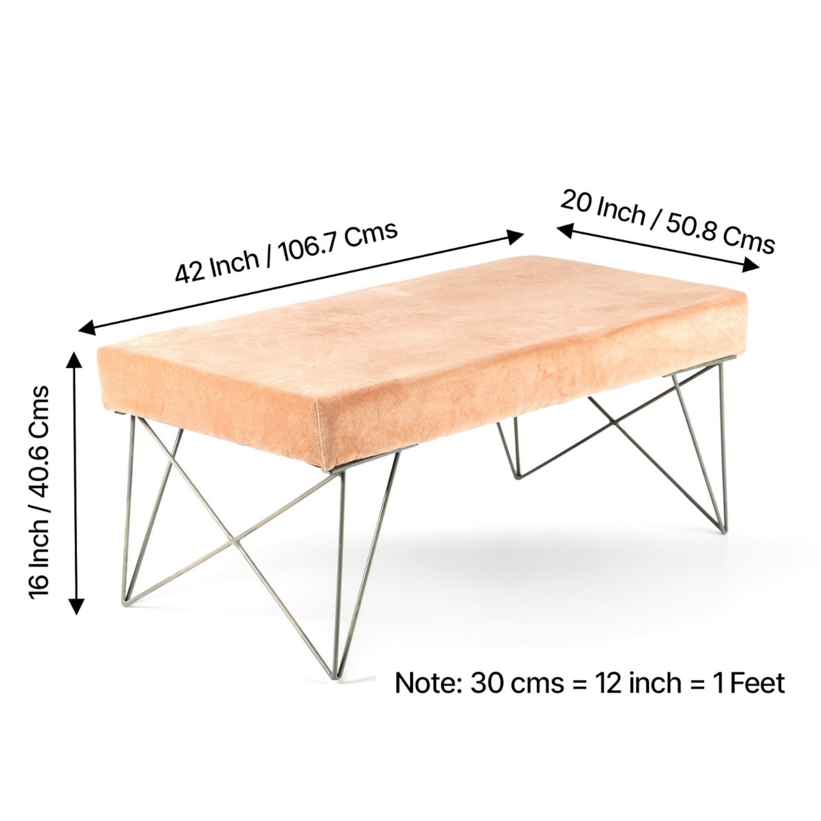 Ikiriya Zenith Sheesham Wood Accent 2 Seater Bench with Metal Legs in Peach Mosha Velvet - Image 4