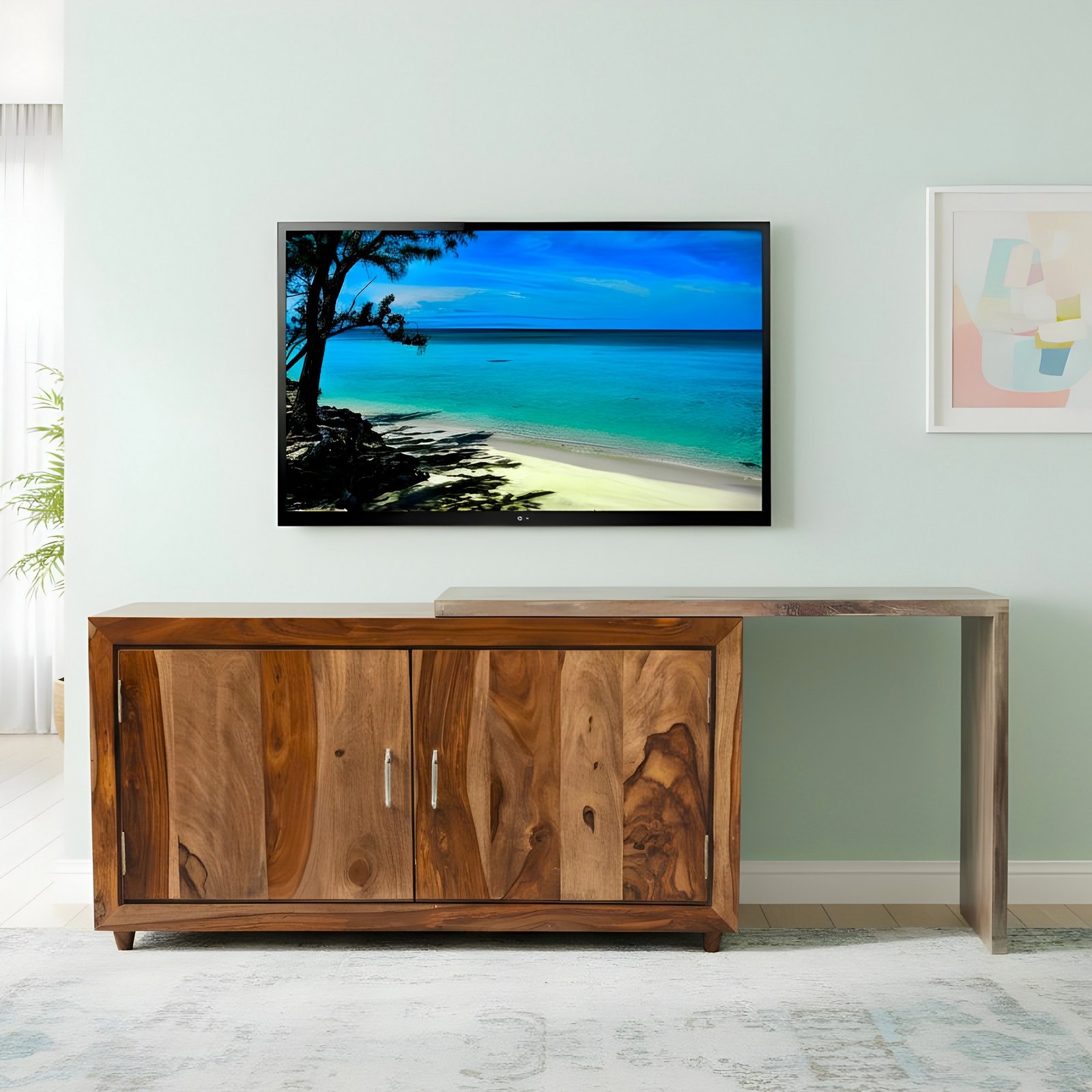 Ikiriya Dublin Sheesham Wood Minimalist TV Entertainment Unit for TV upto 60 inch in Teak Finish