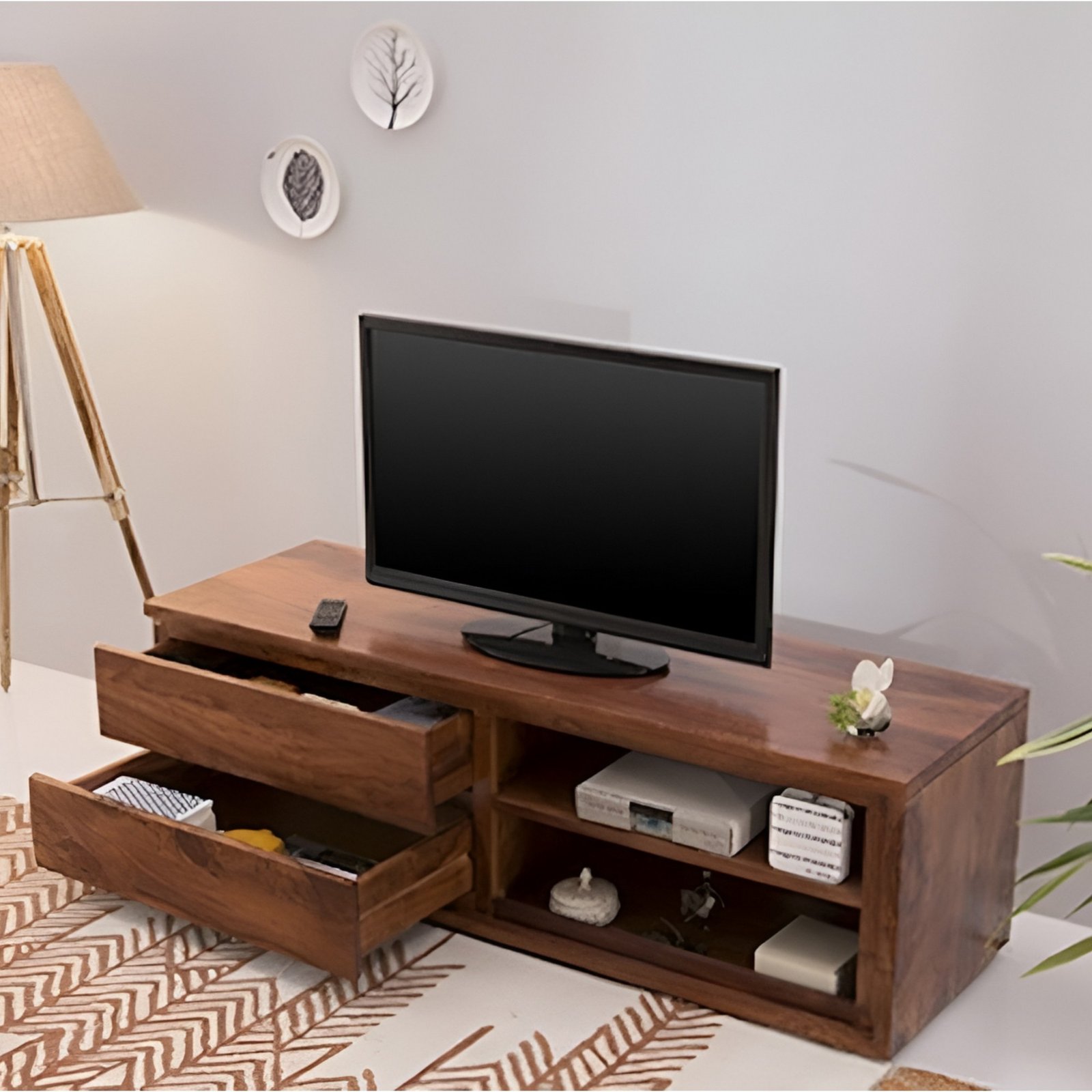 Ikiriya Allen Sheesham Wood Contemporary TV Entertainment Unit for TV upto 70 inch in Provisional Teak Finish - Image 2