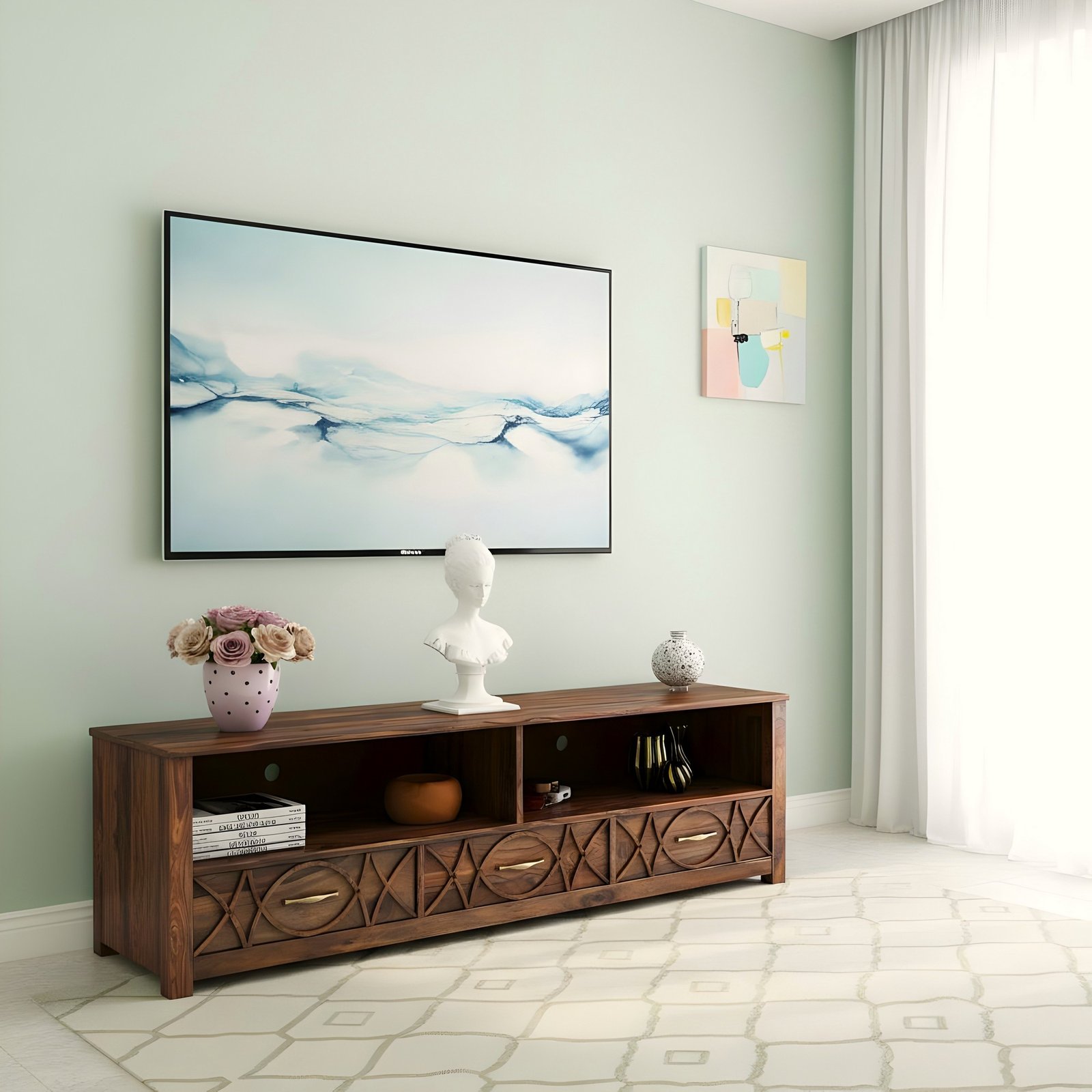 Ikiriya Vintara Sheesham Wood Contemporary TV Entertainment Unit for TV upto 65 inch in Teak Finish