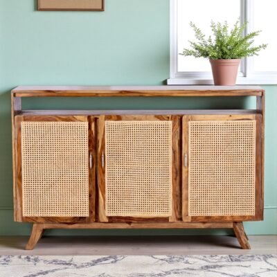Ikiriya Rockport Sheesham Wood Mid Century TV Entertainment Unit / Cabinet with Rattan Work