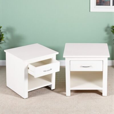Ikiriya Luxnest Sheesham Wood Accent Set of 2 Bedside Tables in White Pu Enamel