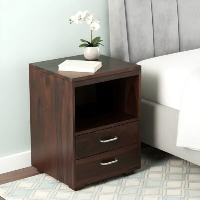 Ikiriya Kassel Sheesham Wood Contemporary Bedside Table/ End Table in Dark Walnut Finish
