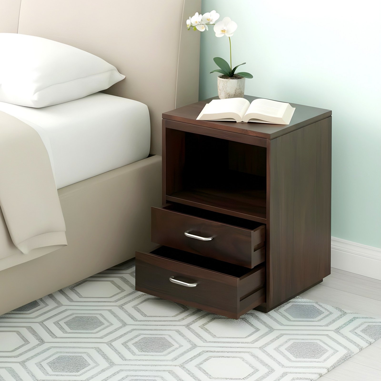 Ikiriya Kassel Sheesham Wood Contemporary Bedside Table/ End Table in Dark Walnut Finish - Image 8