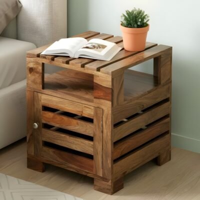 Ikiriya Harvey Sheesham Wood Contemporary Bedside Table/ End Table in Teak Finish