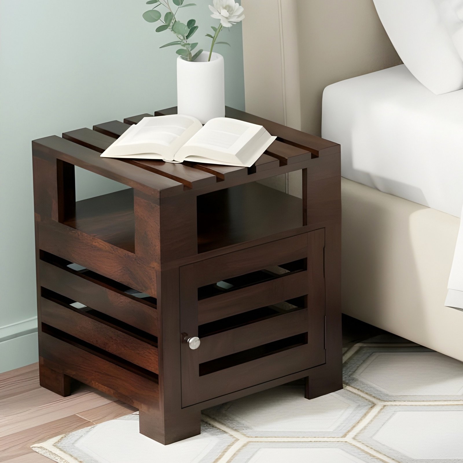 Ikiriya Harvey Sheesham Wood Contemporary Bedside Table/ End Table in Dark Walnut Finish
