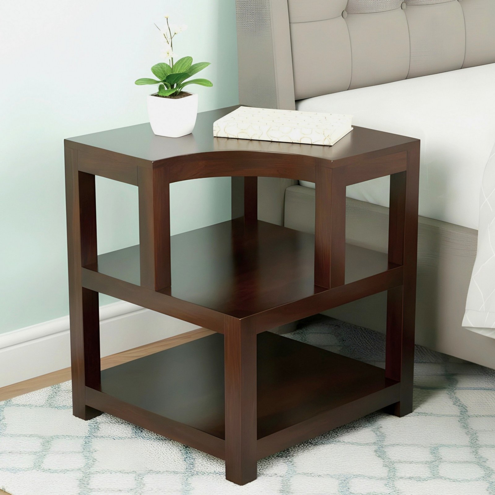 Ikiriya Aural Sheesham Wood Contemporary Bedside Table/ End Table in Dark Walnut Finish