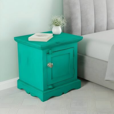 Ikiriya Queens Sheesham Wood Country Side Bedside Table/ End Table in Pastel Green Mild Distress Finish