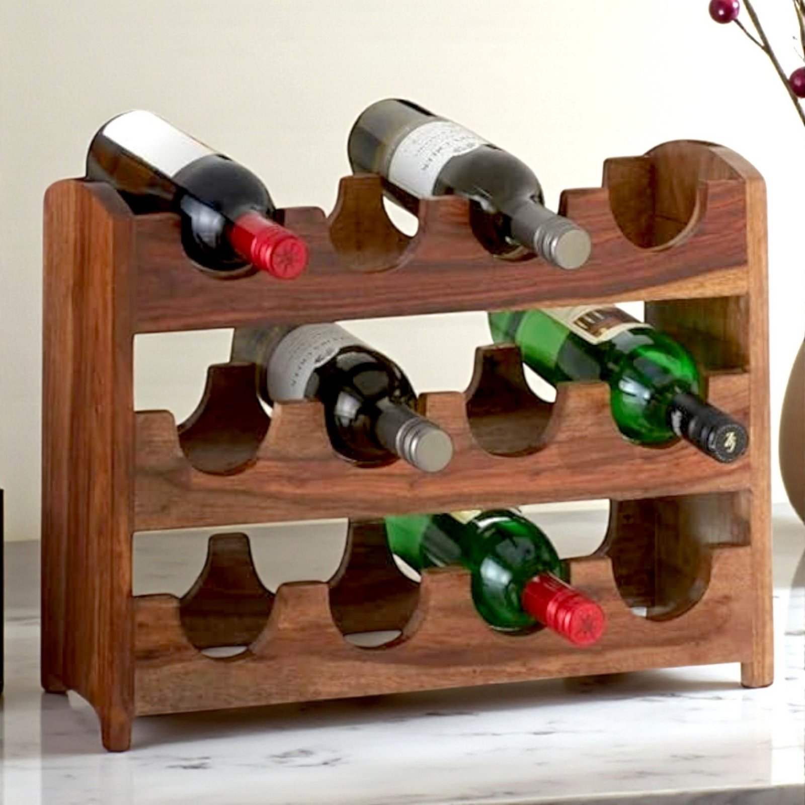 Ikiriya Kassel Sheesham Wood Accent Wine Rack in Natural Teak Finish for upto 12 Bottles