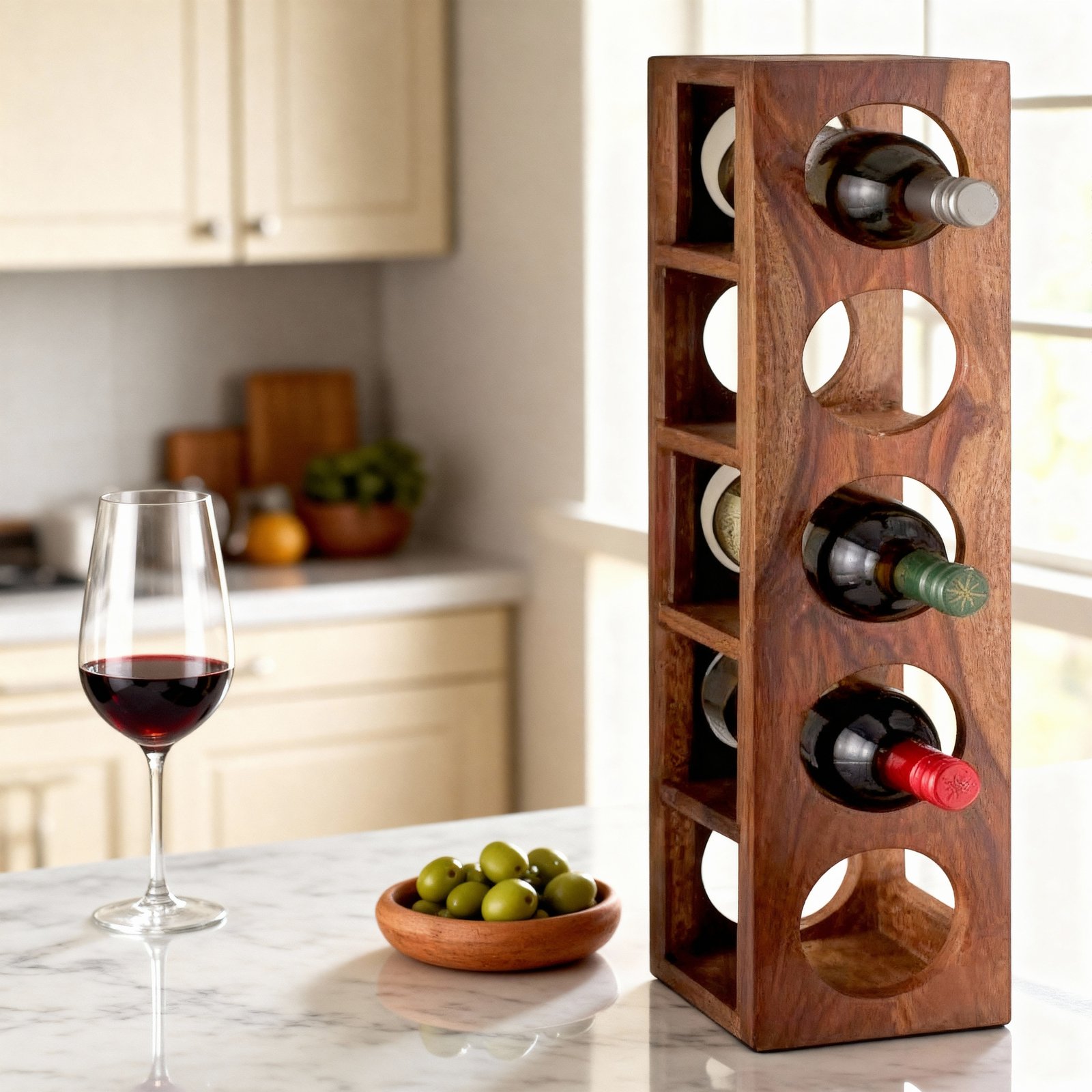 Ikiriya Wembley Sheesham Wood Accent Wine Rack in Natural Teak Finish for upto 5 Bottles