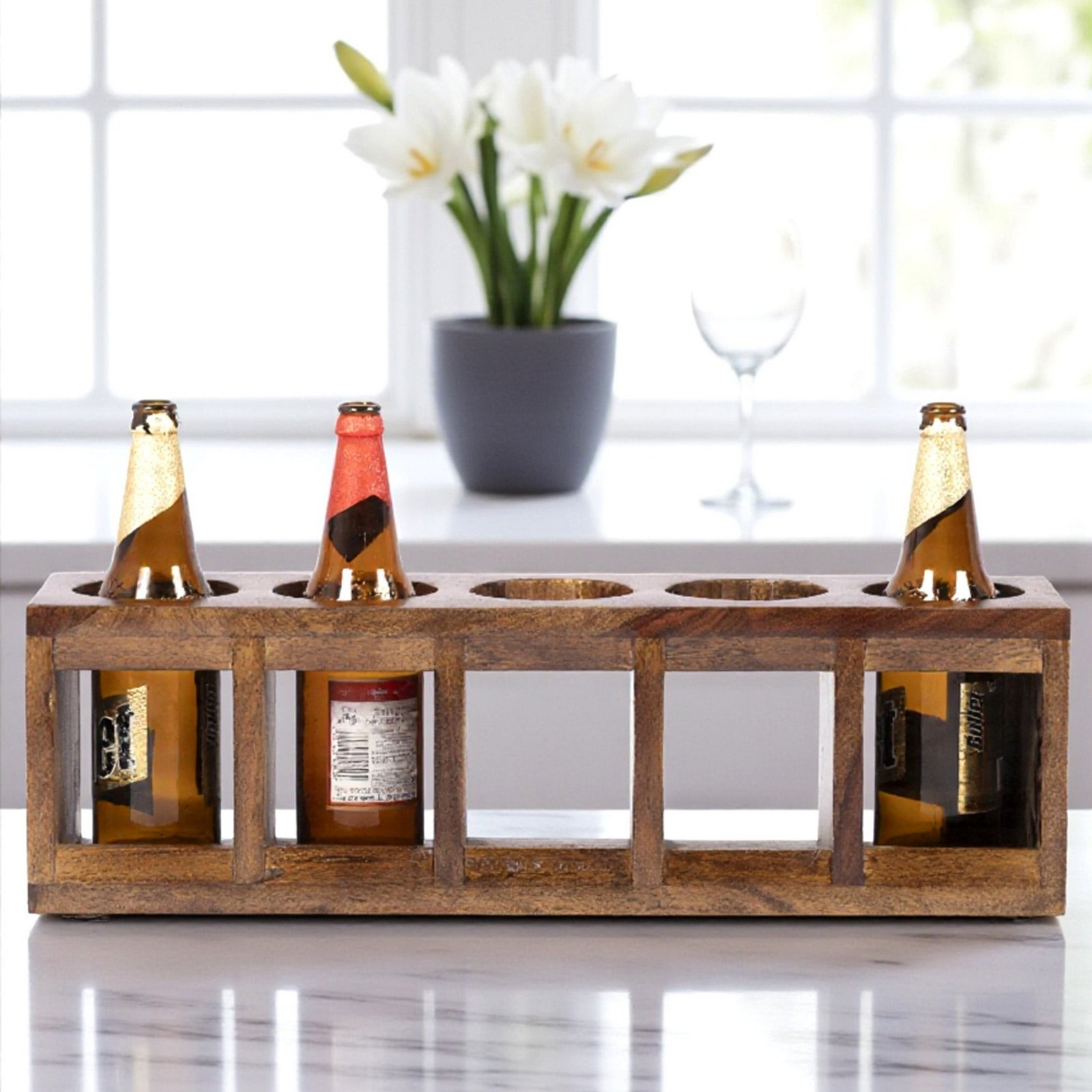 Ikiriya Wembley Sheesham Wood Accent Wine Rack in Teak Finish for upto 5 Bottles