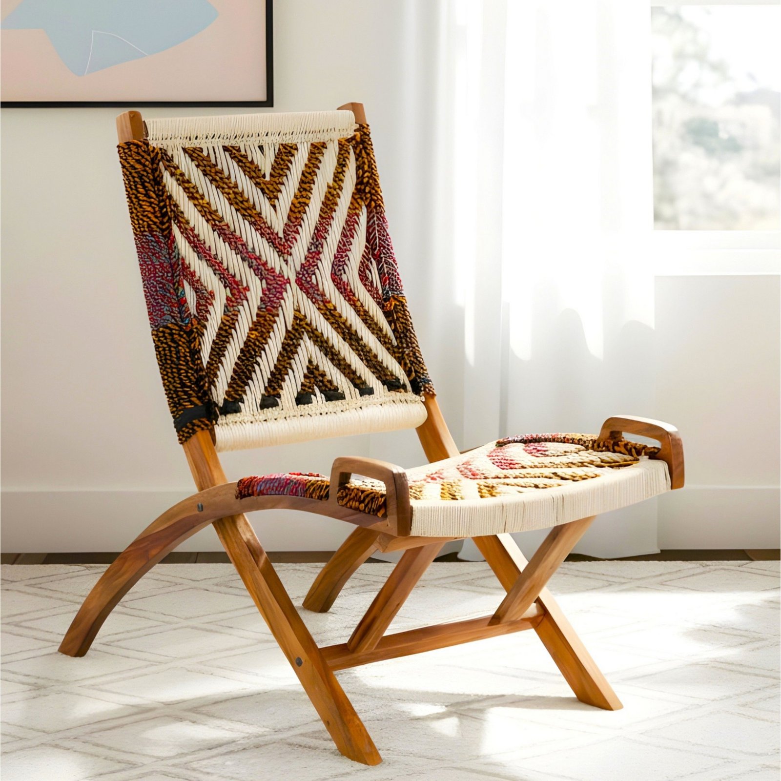 Ikiriya Natwest Sheesham Wood Vintage Relaxing Chair in Multi Colour Chindi & White Rope Canning