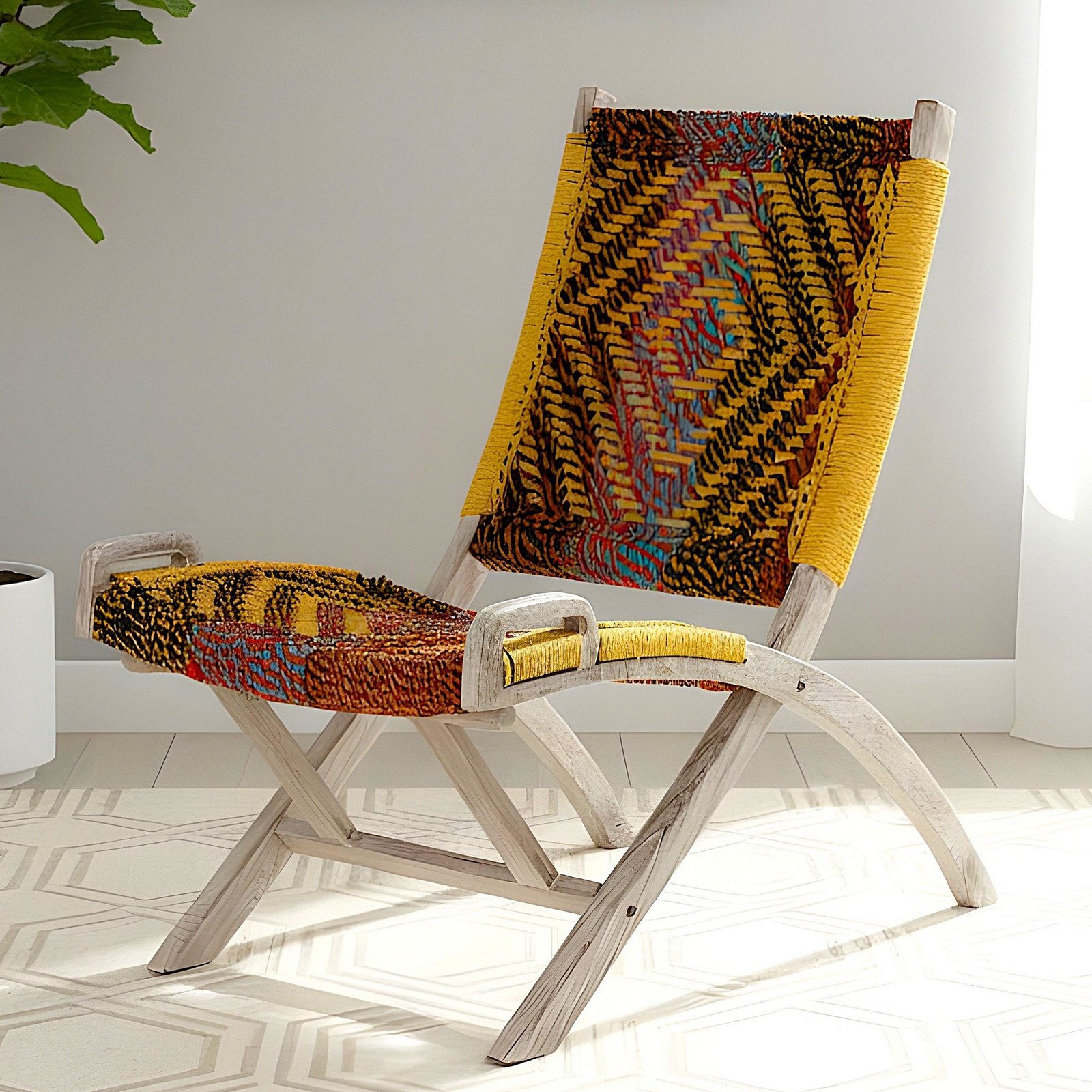 Ikiriya Natwest Sheesham Wood Vintage Relaxing Chair in Multi Colour Chindi & Yellow Rope Canning