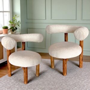 Ikiriya Westfield Sheesham Wood Mid Century Set of 2 Lounge Chair in off White Soft Boucle Fabric Upholstery