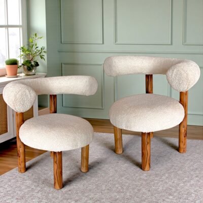 Ikiriya Westfield Sheesham Wood Mid Century Set of 2 Lounge Chair in off White Soft Boucle Fabric Upholstery