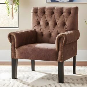 Ikiriya Arista Sheesham Wood Mid Century Lounge Chair in Saddle Brown Suede Fabric Upholstery