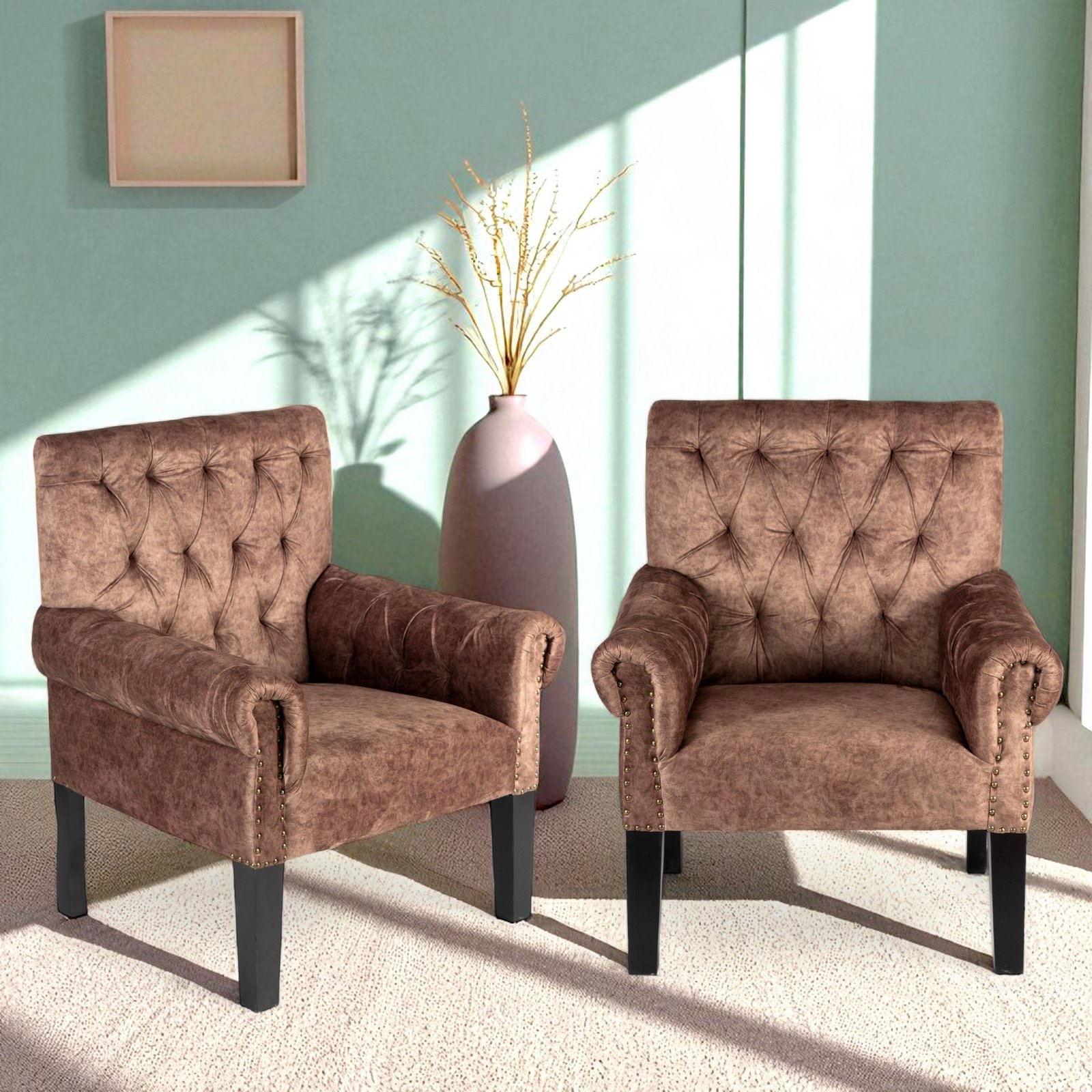 Ikiriya Arista Sheesham Wood Mid Century Set of 2 Lounge Chair in Saddle Brown Suede Fabric Upholstery
