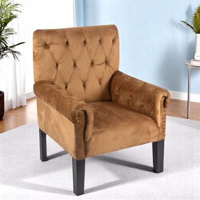 Ikiriya Arista Sheesham Wood Accent Lounge Chair in Taupe Brown Velvet Upholstery