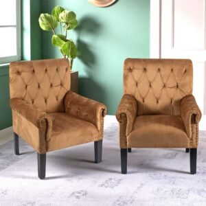 Ikiriya Arista Sheesham Wood Accent Set of 2 Lounge Chair in Taupe Brown Velvet Upholstery