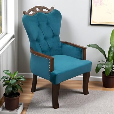 Ikiriya Arista Sheesham Wood Accent Lounge Chair in Turquoise Sea Velvet Upholstery