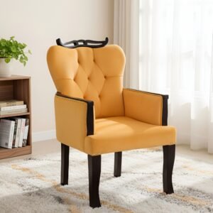 Ikiriya Arista Sheesham Wood Accent Lounge Chair in Yellow Velvet Upholstery