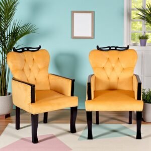 Ikiriya Arista Sheesham Wood Accent Set of 2 Lounge Chair in Yellow Velvet Upholstery