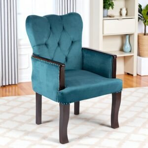 Ikiriya Arista Sheesham Wood Accent Lounge Chair in Turquoise Sea Velvet Upholstery