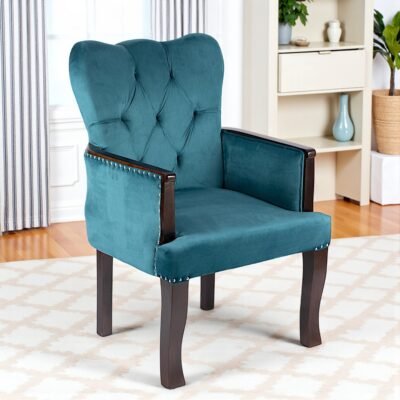 Ikiriya Arista Sheesham Wood Accent Lounge Chair in Turquoise Sea Velvet Upholstery