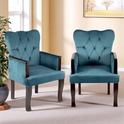 Ikiriya Arista Sheesham Wood Accent Set of 2 Lounge Chair in Turquoise Sea Velvet Upholstery