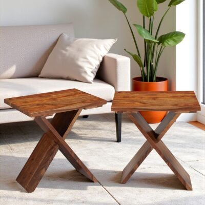 Ikiriya Darcy Sheesham Wood Contemporary Rectangle Set of 2 Tea Table / Side Tables in Natural Teak Finish