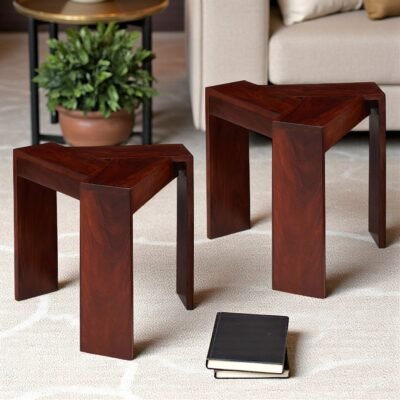 Ikiriya Avina Sheesham Wood Contemporary Triangle Set of 2 Sidetable / End Table in Honey Finish
