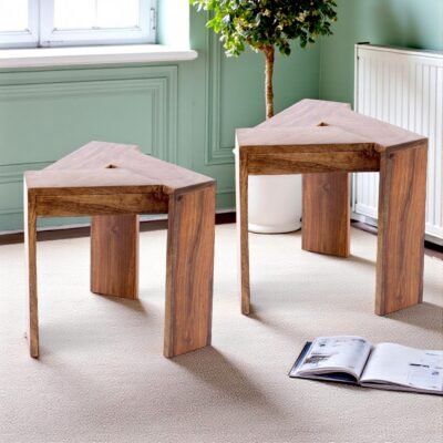 Ikiriya Avina Sheesham Wood Contemporary Triangle Set of 2 Sidetable / End Table in Teak Finish