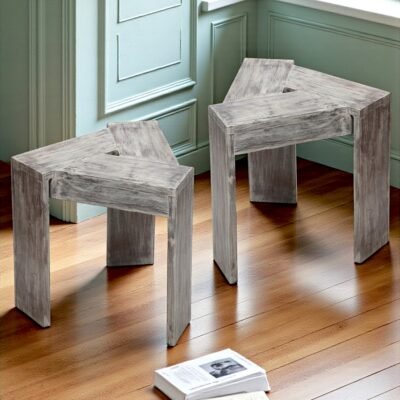 Ikiriya Avina Sheesham Wood Parisian Triangle Set of 2 Sidetable / End Table in Antique Grey Finish