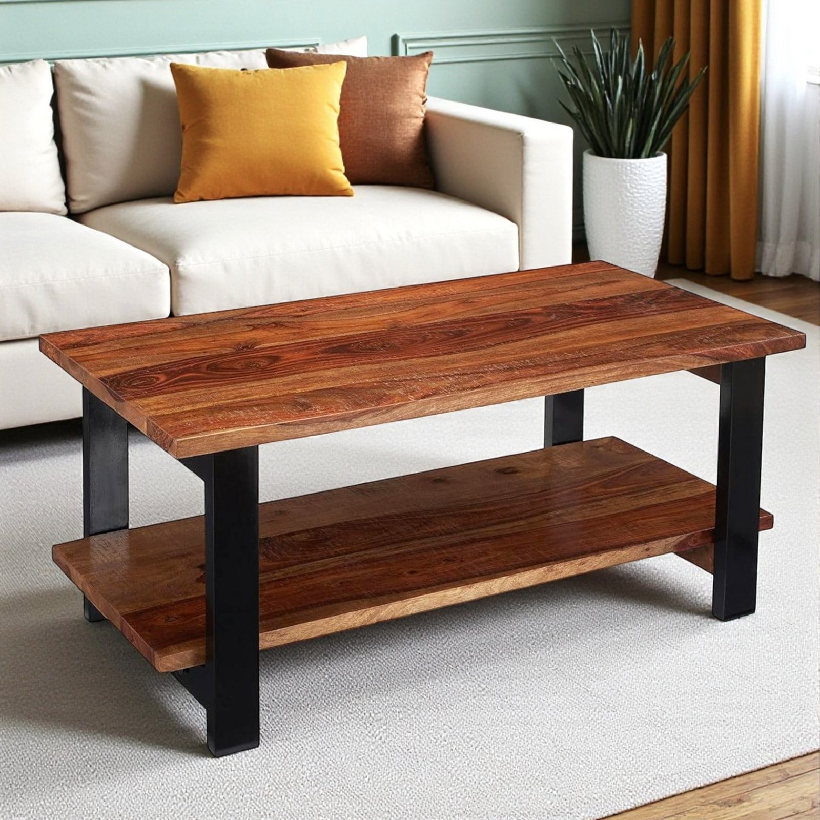 Ikiriya Aroda Sheesham Wood Contemporary Rectangle Coffee Table in Natural Teak Finish