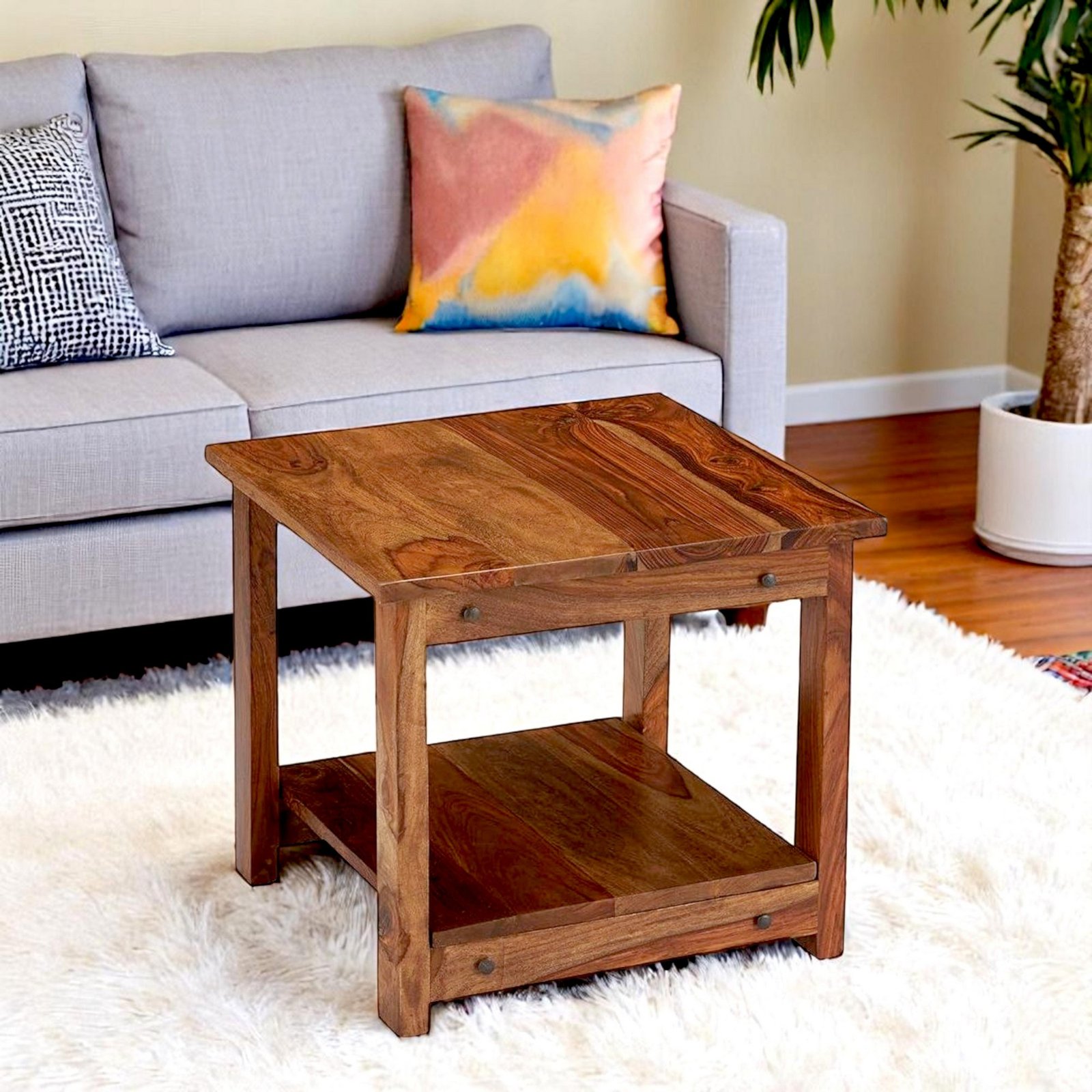 Ikiriya Camden Sheesham Wood Contemporary Square Coffee Table in Natural Teak Finish - Image 10